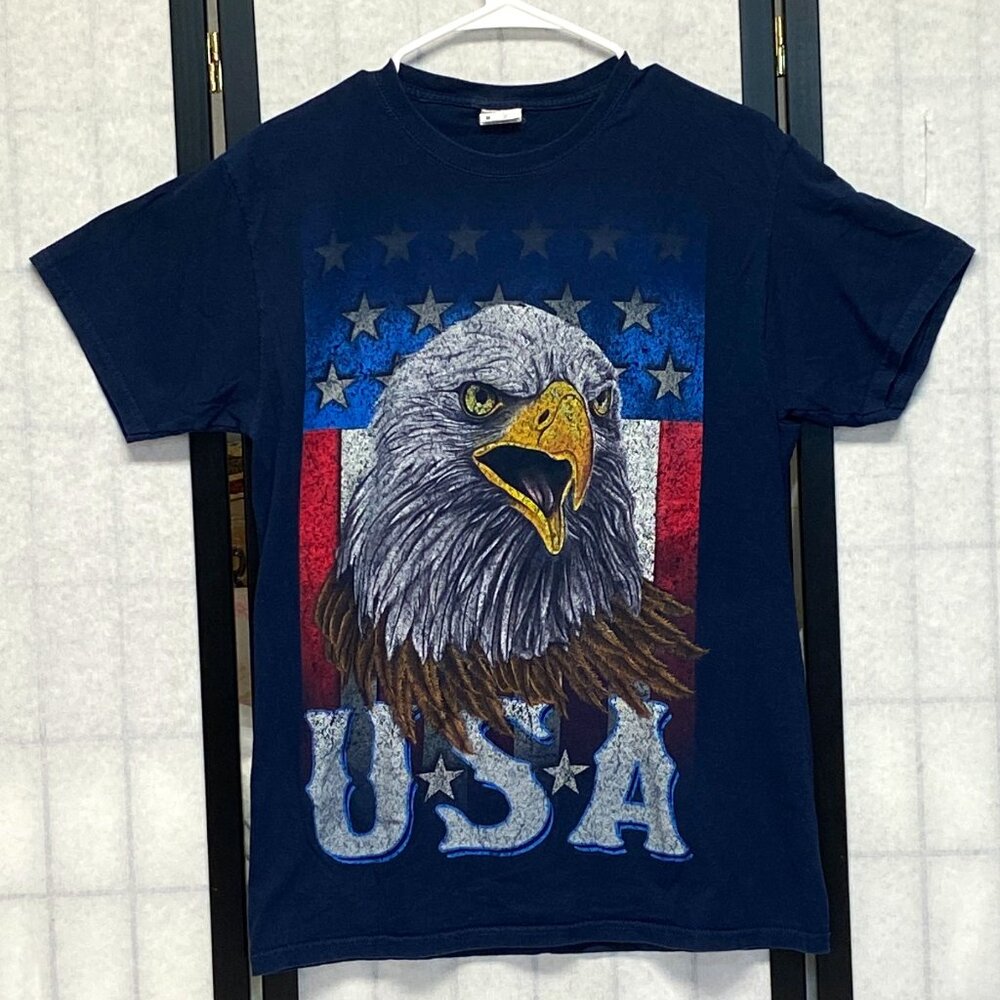 Patriotic USA Flag Bald Eagle Stars Crew Neck T-Shirt Short Sleeve Graphic Tee M